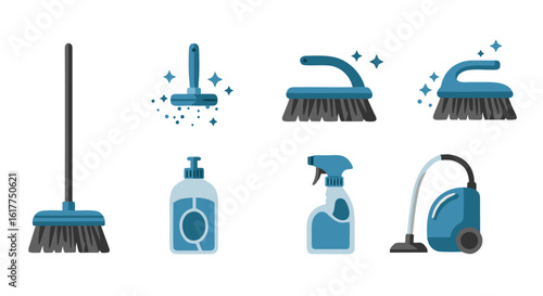Collection of blue cleaning supply icons for housekeeping and domestic chores. Vector illustration set of household tools.