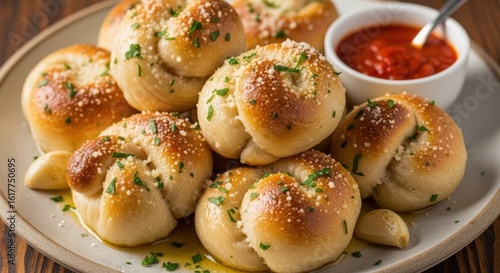 Homemade garlic knots with parsley and parmesan served with marinara sauce on a rustic plate