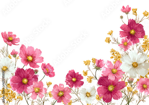 Vibrant floral border with pink, white, and yellow cosmos