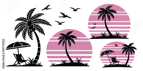 Tropical Beach Sunset Paradise with Palm Trees Chair and Birds Silhouette Illustration Vacation and Relaxation Concept