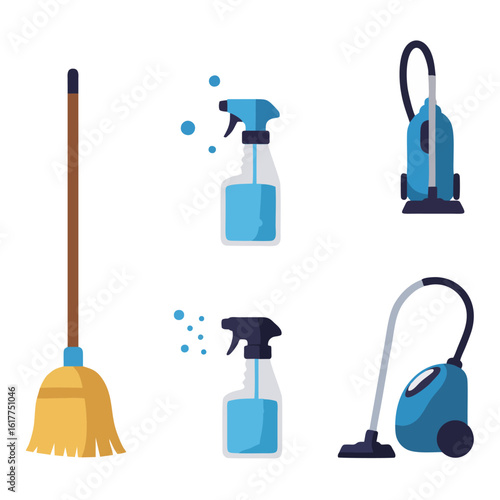 Vector illustration set of home cleaning equipment. Icons of a broom, sanitizer spray, and vacuum for domestic hygiene concepts.