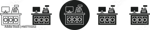 Modern checkout counter with computer and cash register icons