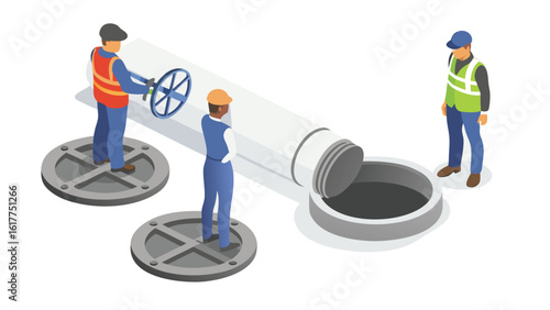 Three workers near a large pipe with one opening a valve and another looking inside the pipe system