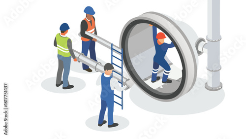 Isometric view of construction workers installing a large pipe section with ladder support system