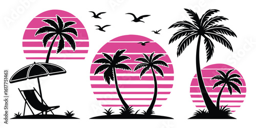 Tropical Paradise Sunset with Palm Trees Beach Chair and Umbrella Silhouette Vector Design