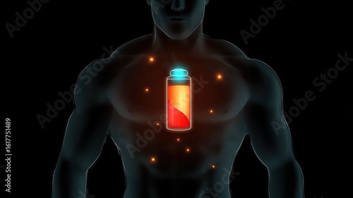Silhouette of a muscular torso with a battery icon centered on the chest area surrounded by glowing particles on a black