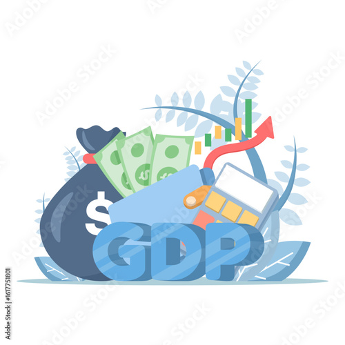 GDP or Gross Domestic Product concept. Economic growth, public finance, illustration of gross domestic product with Economic Growth Column and Productivity Chart.