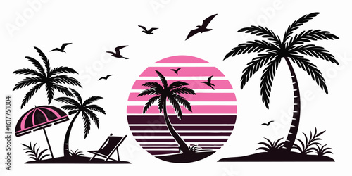 Tropical Paradise Vector Illustration with Palm Trees Retro Sunset and Silhouetted Birds Ideal for Summer Vacation Designs