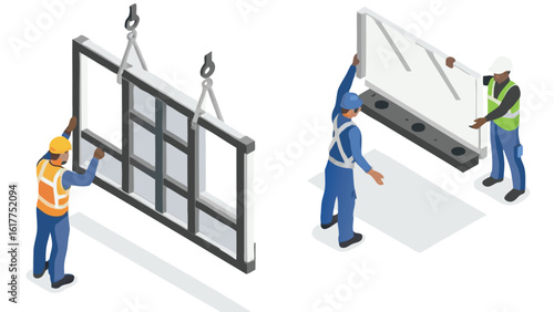 Isometric view of construction workers installing precast concrete panels on a construction site