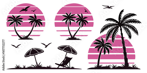 Tropical Island Paradise Silhouette Vector with Palm Trees and Sunset Graphic Design Elements for Vacation and Summer Vibes