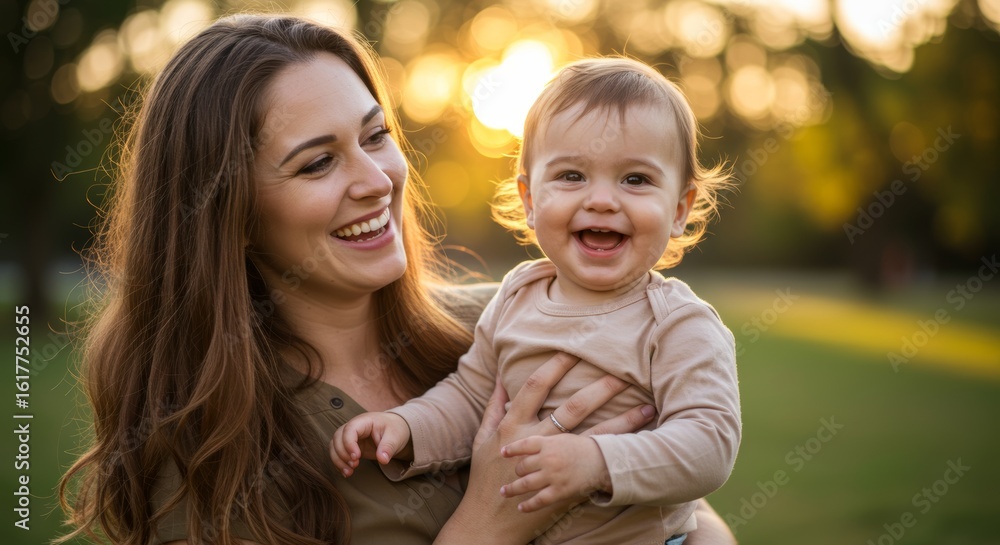 Obraz premium Joyful young mother holding her laughing baby in a sunlit park. A heartwarming moment of maternal love and family happiness at sunset.