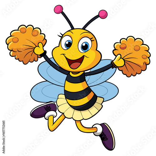 Cartoon bee character with pom poms and cheerleader skirt jumping insect animal
