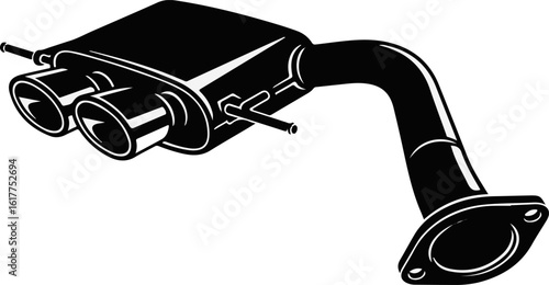 Vector art of silhouette of a car exhaust muffler with dual tips isolated on white
