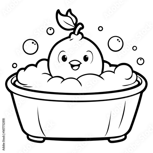 Cute cartoon apple character enjoying a bubbly bath in a tub fruit