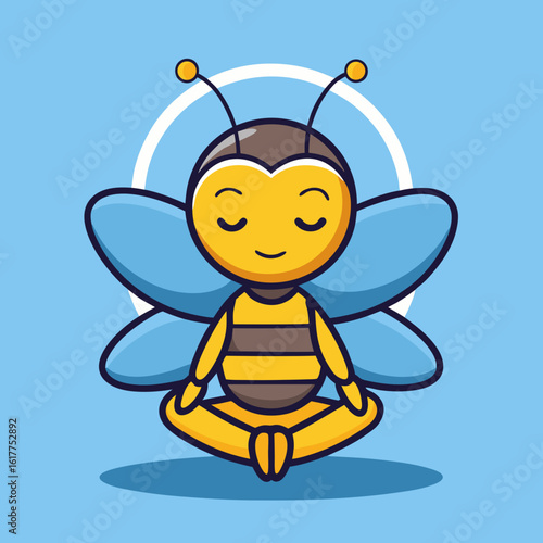 Cute cartoon bee meditating in lotus pose on blue background with white circle insect animal
