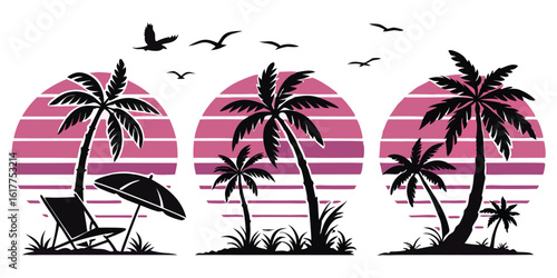 Tropical Beach Scene with Palm Trees Silhouettes and Retro Sunset Graphic Illustration for Vacation and Travel Designs