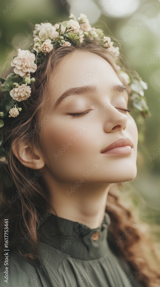 Serene woman with closed eyes, adorned with floral crown, embodies essence of nature and tranquility. Her soft features and gentle expression evoke sense of peace and harmony Serene woman with closed eyes, adorned with floral crown, embodies essence of nature and tranquility. Her soft features and gentle expression evoke sense of peace and harmony