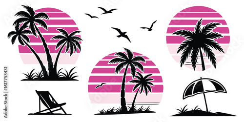 Tropical paradise sunset vector illustration featuring palm trees birds beach chair and umbrella for summer vacation vibes