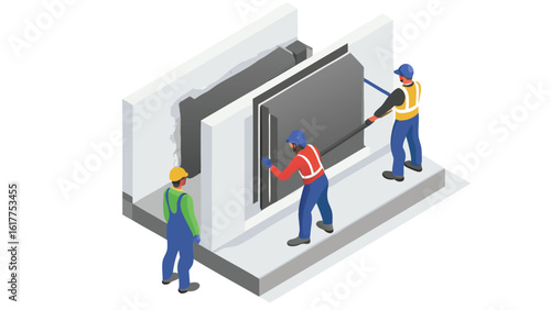 Isometric view of construction workers installing a large gray panel in a white wall structure carefully