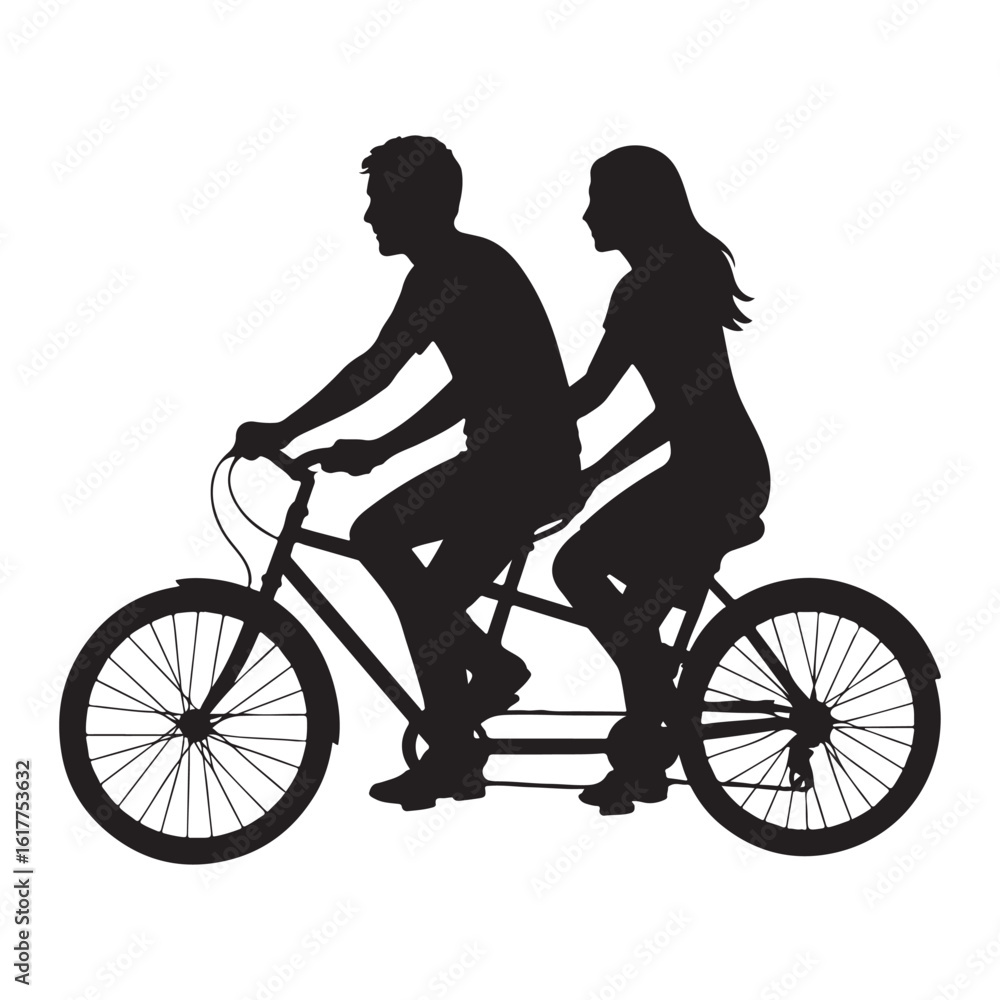 Obraz premium Silhouetted Couple Enjoying a Tandem Bicycle Ride in Black and White