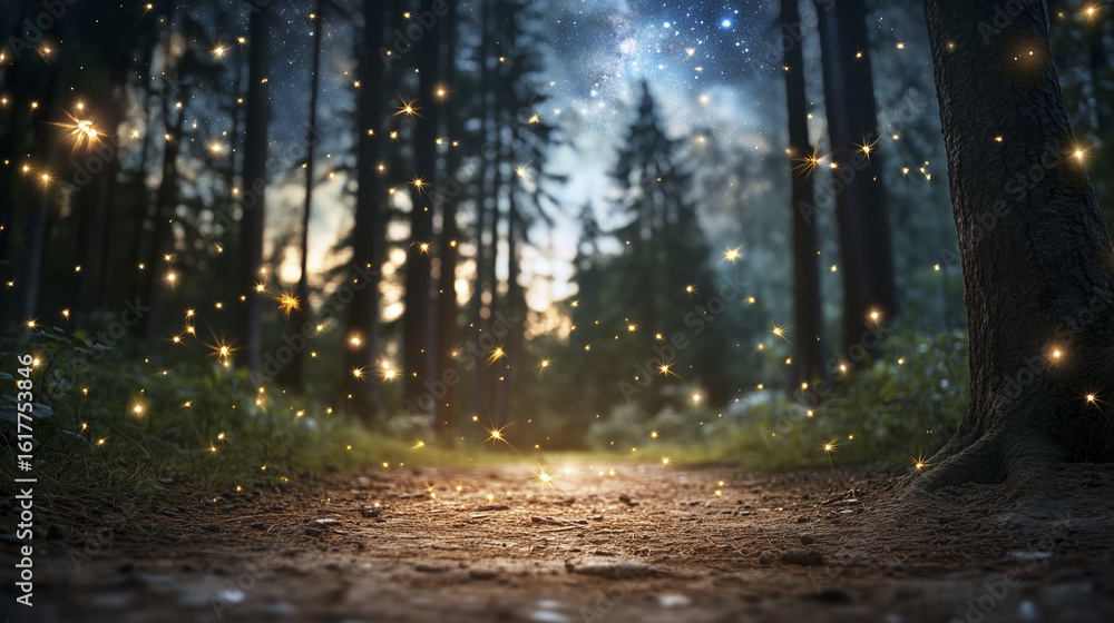 Fototapeta premium Serene forest path illuminated by glowing fireflies under starry night sky creates magical atmosphere. enchanting scene invites wonder and tranquility, perfect for nature lovers