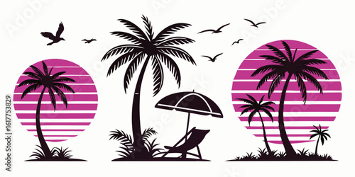 Tropical Beach Scene with Palm Trees Sunset Beach Chair and Birds in Silhouette Vector Illustration for Summer Holiday Travel Design