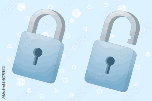Privacy protection concept. Unlock and close icons. Two perforated padlocks. Locked and unlocked keys. Security, encryption. Padlock-shaped illustration. Flat cartoon design.