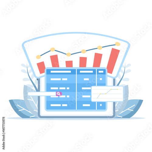 SEO ranking tracker concept and ranking tools. Search engines help increase website traffic through optimization. Monitor keyword positions. Analyze performance, track SERPs.