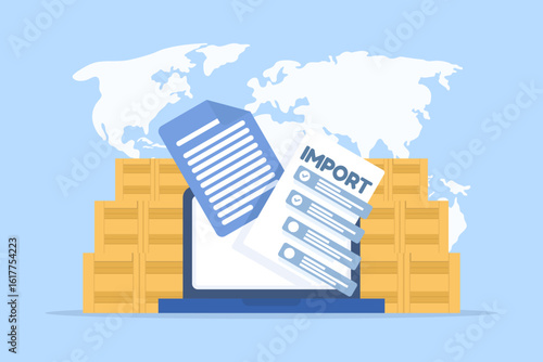 Import and export. Smart innovation technology for shipping. Managing global imports with online document and shipment tracking, global logistics in a distribution warehouse.