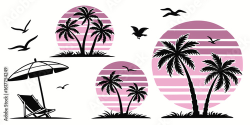Tropical Paradise Vector Illustration with Palm Trees Sunset Beach Chair and Birds Perfect for Summer Vacation Designs