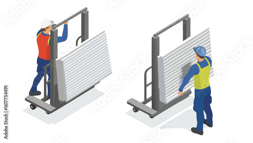Isometric illustration of workers moving large panels with a wheeled cart and hand truck systems