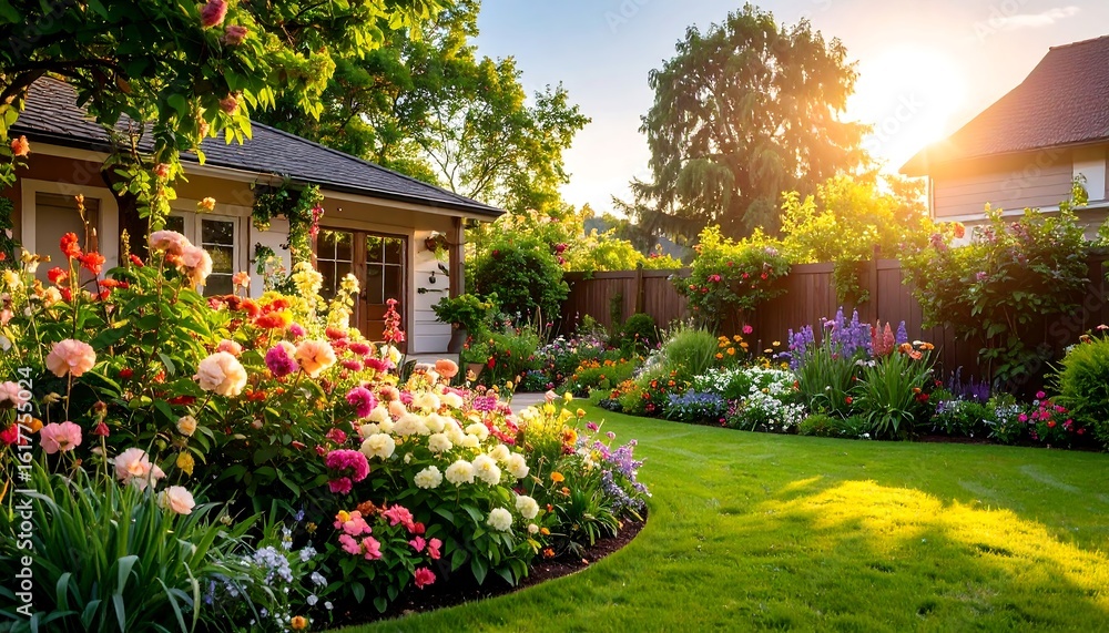 Naklejka premium Colorful garden at sunset (1)