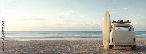Vintage car with surfboard parked on deserted beach, capturing serene moment by ocean. soft waves and golden sand create peaceful atmosphere, perfect for relaxation
