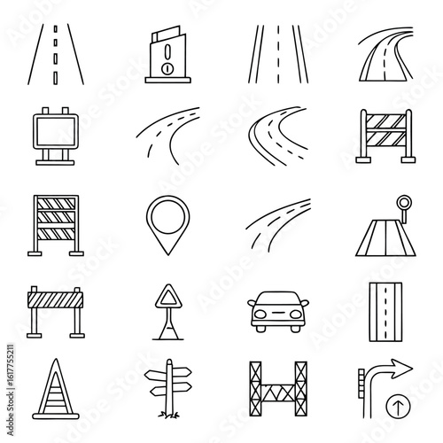 Line Icon Set of Road, Navigation & Traffic Elements – 20 Modern Outline Symbols.

