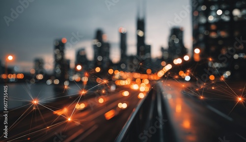 City lights blur, connecting lines