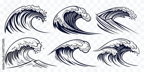 Stylized Ocean Wave Illustrations Set in Dark Blue for Creative Designs and Backgrounds Marine Adventure