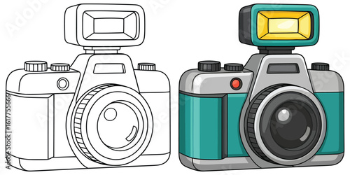Retro Camera Illustration in Split Style Black and White and Colored Version | Vintage Camera with Flash for Photography and Creative Design Projects