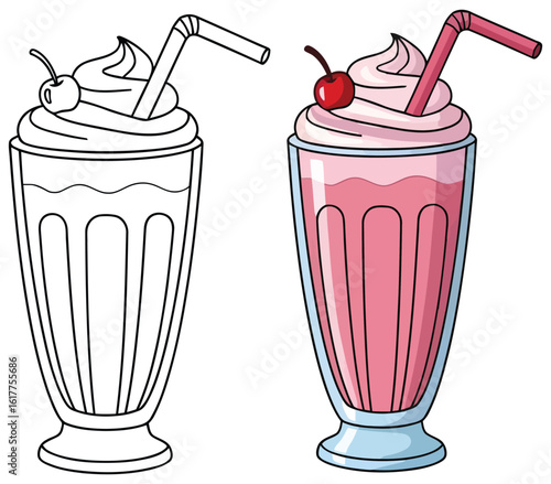 Delicious Strawberry Milkshake with Whipped Cream and Cherry in Split Coloring and Colored Style | Refreshing Summer Drink Illustration for Creative Designs