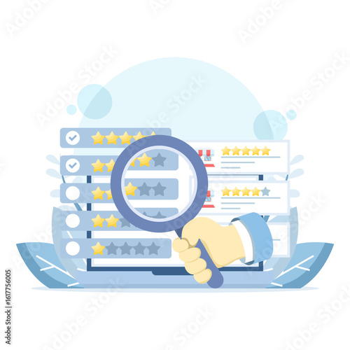 Online reputation management, customer review analysis, business star ratings, feedback evaluation. Brand monitoring overview and trust insights on screen with magnifying glass, vector illustration.