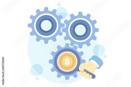 Flat illustration using a magnifying glass to examine a dollar bill from the gears that symbolize cost effectiveness. the concept of production effectiveness with the costs used.