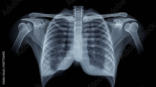 X ray image of human chest, highlighting rib cage and surrounding structures. clarity of image allows for detailed examination of thoracic region, showcasing lungs and bones