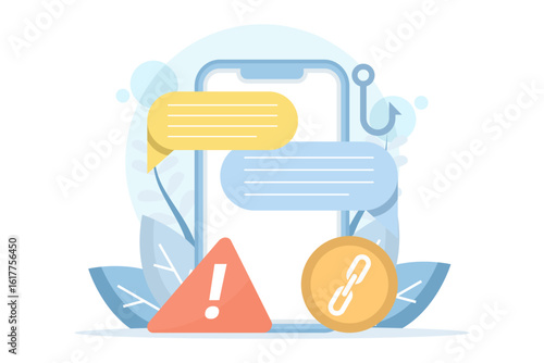 Warning concept in group chats with fake SMS or Messenger links. Warning about the risk of phishing and spam links in group chats. Lightning attack scenario in mobile messaging. Vector illustration.