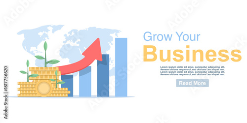 ROI return on investment with arrow. Financial performance, cost of goods sold icon. Salary increase statistics in dollars. Business profit growth margin. Flat design illustration on background.