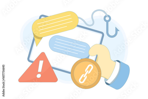 Warning concept in group chats with fake SMS or Messenger links. Warning about the risk of phishing and spam links in group chats. Lightning attack scenario in mobile messaging. Vector illustration.