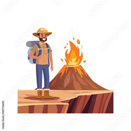 Flat vector Explorer standing at the edge of a volcanic crater