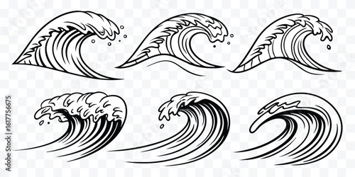 Six Distinct Water Wave Drawings in Black and White for Ocean and Sea Concepts Illustration