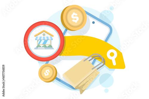 Flat illustration of a marketplace app with a clean interface. Seller dashboard, product listings, reviews, advanced filters, and mobile compatibility for online sales. Flat illustration.