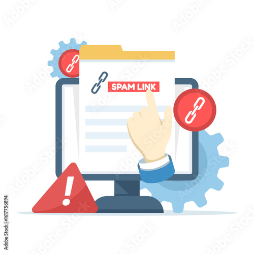 Dangerous link concept. Spam link warning with broken chain, dangerous and suspicious URL addresses. Phishing link warning. SEO dangers of spam link tactics and spam links.