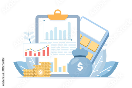 Financial Analyst Accounting Concepts, Data Analysis, Strategic Business and Data Technology, Charts, and Financial Growth Management in Marketing and Financial Reports. flat design.