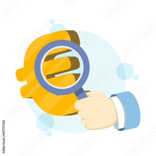 Financial analysts who research the European economy, debt, or currency, perform investment analysis, or analyze fees and commissions. Illustration of a hand holding a magnifying glass with euro bankn